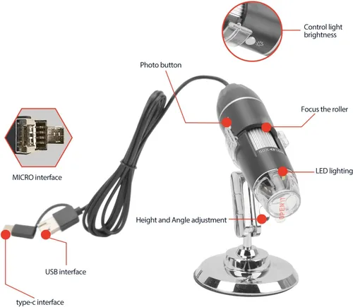 Vista 6 de Ciciglow Microscopio digital portátil de mano, 50-1600X con LED ajustable y soporte, USB para teléfono móvil Android portátil