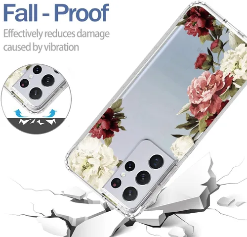 Vista 7 de Funda para Galaxy S21 Ultra 5G SM-G998U con protector de pantalla de vidrio templado, bonito patrón floral transparente, funda protectora de cuerpo