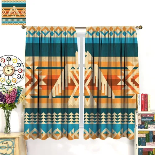 Vista 253 de Cortinas con patrón geométrico tribal, estilo suroeste, azteca, rústico, occidental, nativo americano, opacas, con bolsillo para barra, decoración