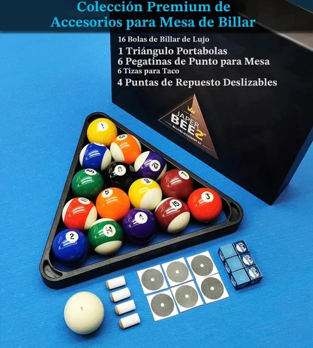 Vista 2 de JAPER BEES Bolas de billar con estante de bolas triangular, tizas de taco, calcomanías de mesa y reemplazos de puntas, accesorios para mesa de billar