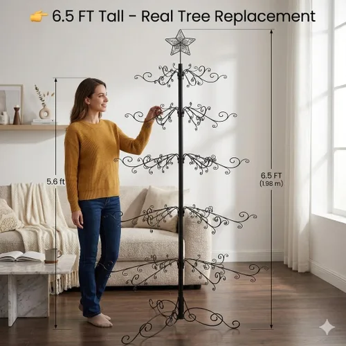 Vista 2 de HOHIYA Árbol de Navidad de hierro forjado de 6.5 pies, alternativa para árbol de Navidad, 174 ganchos, soporte de exhibición de adornos de metal