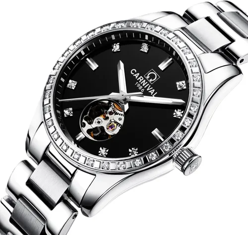 Vista 33 de Carnival Reloj de mujer con esqueleto mecánico automático, cristal de zafiro sintético, oro rosa, acero inoxidable, impermeable, color blanco