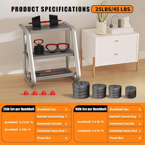 Vista 2 de Adjustable Dumbbell Set 25/45/75/90LB, Changeable Dumbbell Set with Connecting Rod 4 in1 Dumbbells Set Used as Barbell, Kettlebells, Push up Bar