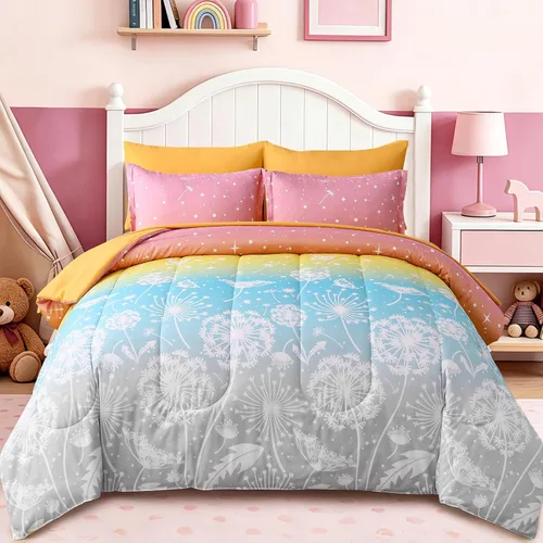 Vista 19 de Dinjoy Juego de edredón de 6 piezas para niñas, juego de ropa de cama colorido de arcoíris degradado tamaño individual, cama en una bolsa para niños