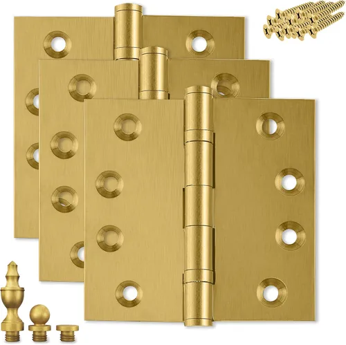 Vista 26 de Bisagra de puerta de latón macizo, rodamiento de bolas resistente, 4 x 4 pulgadas, con puntas decorativas de rosca incluidas, juego de 4 bisagras
