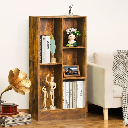 Vista 4 de LEYAOYAO Estantería moderna de 5 cubos de madera marrón de mediados de siglo, estante organizador de almacenamiento de 3 niveles, gabinete