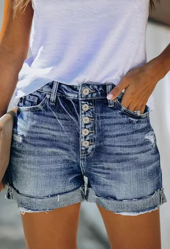 Vista 4 de Pink Queen Pantalones cortos de mezclilla de cintura alta para mujer, estilo casual, rasgados, de verano, pantalones cortos desgastados