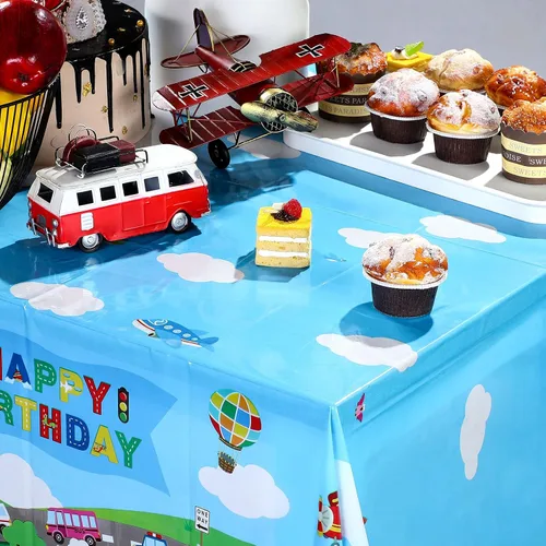 Vista 5 de Tegeme Paquete de 3 suministros de fiesta de cumpleaños de transporte, manteles de transporte, decoraciones de cumpleaños, fundas de mesa