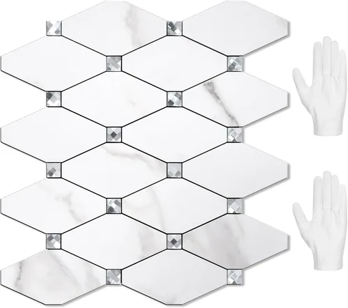 Vista 14 de STICKGOO 1 hoja de salpicaduras de pared para despegar y pegar, adhesivos de azulejos compuestos de aluminio Calacatta, salpicaduras autoadhesivas