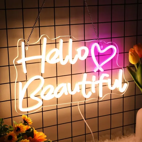 Vista 2 de Letreros de neón de Hello Beautiul, luz LED de neón para decoración de pared para despedida de soltera, cumpleaños, compromiso, decoración de boda