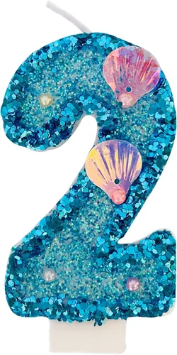 Vista 10 de Vela de número azul, velas de número con lentejuelas en forma de concha para pasteles de cumpleaños, suministros para fiestas con temática