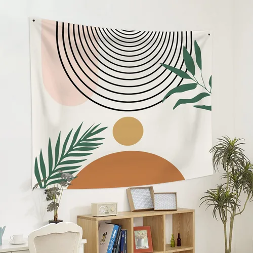 Vista 6 de Tapiz bohemio de mediados de siglo, moderno abstracto geométrico, tapiz con diseño de arco de sol, hojas verdes, tapices para colgar en la pared, 59