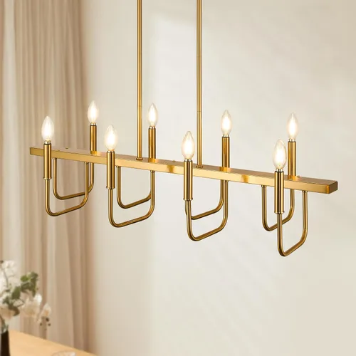 Vista 8 de Lámparas de comedor rectangulares sobre la mesa, candelabros lineales para comedor, candelabro moderno de 8 luces en oro cepillado, luces de isla