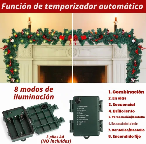 Vista 4 de MorTime Paquete de 2 guirnaldas LED de Navidad de 9 pies con piñas y bayas rojas, bolas de Navidad, guirnalda de Navidad multifunción con 50 luces