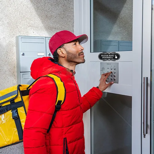 Vista 4 de 6 letreros autoadhesivos para timbre de puerta, entrada, recepción, aviso de vinilo para timbre de puerta en casa, oficina, 4.7 x 2 pulgadas