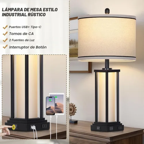 Vista 4 de 27inch Tall Bedside Table Lamps with Charging Ports for Living Room,Traditional Lamp with Night Light for Bedroom Nightstand,Single Black