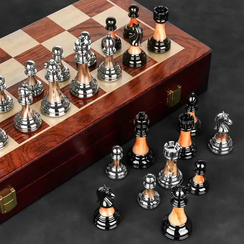 Vista 3 de Metal Chess Set for Adults and Kids – Deluxe Chess Board with Zinc Alloy and Acrylic Chess Pieces – Travel Folding Wooden Chess Board Set with Metal