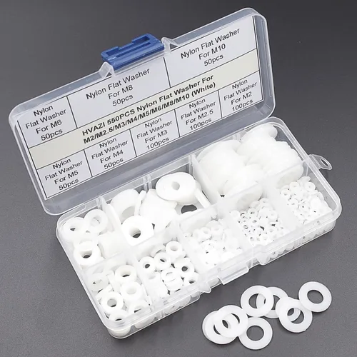 Vista 2 de Kit surtido de arandelas planas métricas M2-M10 de nailon blanco de 550 piezas Separadores de juntas aislantes de plástico para tornillos M2 M2.5