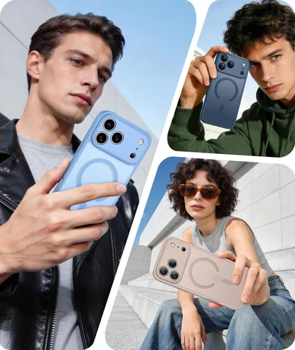 Vista 265 de FNTCASE Funda para iPhone 17 Pro: Fundas delgadas translúcidas de color azul claro compatibles con MagSafe, protección completa de la cámara