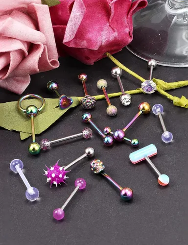 Vista 3 de Prjndjw Anillos de lengua de acero quirúrgico 14G para mujeres y hombres, barra doble con anillo esclavo, calavera, flor, bola de silicona suave