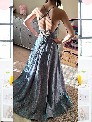 Vista 5 de Vestidos largos acampanados y con bolsillos para baile de graduación vestido formal de fiesta de noche y de baile con aberturas laterales