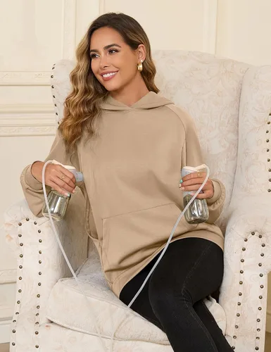 Vista 2 de Bhome Sudadera de lactancia con capucha para lactancia materna con cremalleras ocultas, bolsillo de canguro