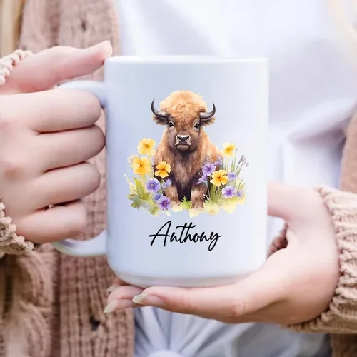 Vista 6 de Taza de café de bisonte personalizada de 11 onzas y 15 onzas, taza de té blanca de bisonte bebé, regalos para niñas, niños, niñas, niños, mejores
