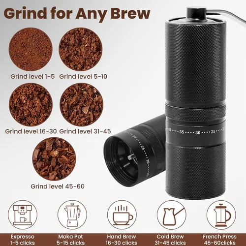 Vista 4 de Molinillo de café manual con 60 ajustes ajustables, molinillo de café portátil de mano con capacidad de 0.99 oz, molinillo de café cónico de acero