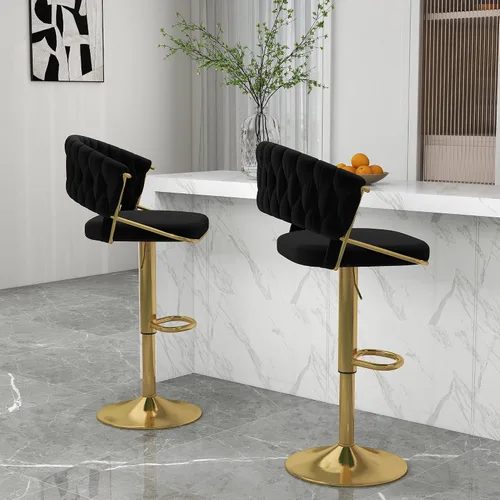 Vista 8 de Juego de 2 taburetes de bar giratorios de 360° con respaldo alto, silla de bar de terciopelo ajustable moderna de altura de mostrador, taburete
