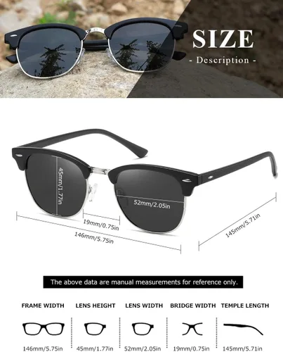Vista 5 de AEVOGUE Gafas de sol polarizadas para mujeres y hombres con montura semi sin montura retro AE0369 (lente gris negro mate y lente gris carey gris)