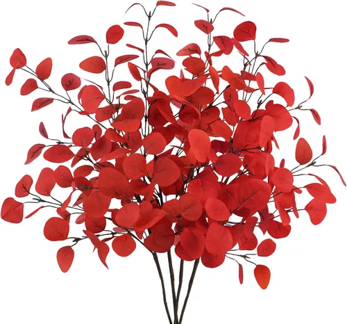 Vista 12 de 4 tallos de hojas artificiales de eucalipto de 33.8 pulgadas, ramas de eucalipto naranjas, flores de otoño falsas para el hogar, chimenea, granja