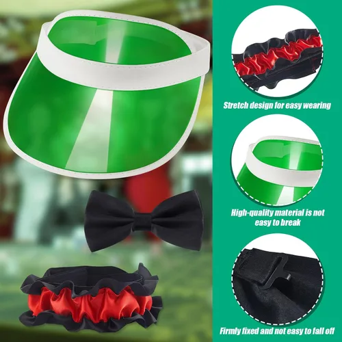 Vista 4 de Hicarer Disfraz de casino de 3 piezas, incluye visera verde de reparto pajarita y brazalete de repartidor de plástico, sombreros estilo casino