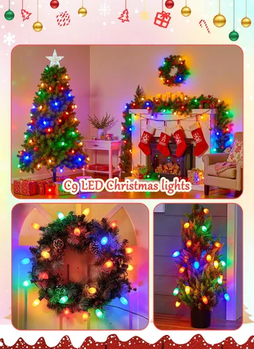 Vista 6 de Luces LED vintage C9 de Navidad para exteriores, 50 pies C9 con 50 bombillas C9 inastillables, impermeables, conectables, comerciales