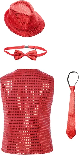 Vista 2 de TiaoBug Chaleco de lentejuelas para niños y niñas, chaleco de fiesta de coro, chaqueta de hip hop, jazz, danza callejera, camiseta con sombrero