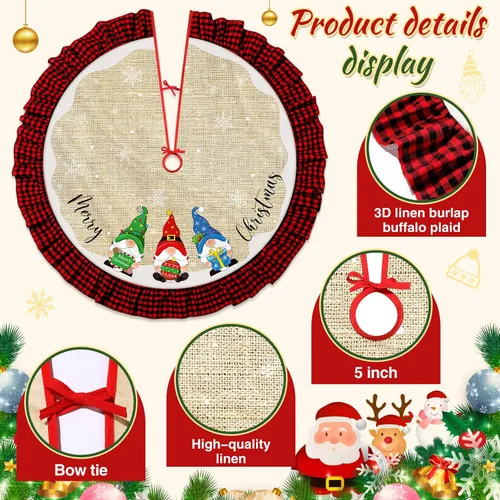 Vista 5 de Falda de árbol de Navidad, arpillera de lino, decoración de borde a cuadros, faldas de árbol a cuadros negros y rojos para interiores y exteriores