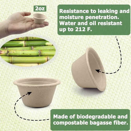 Vista 3 de CAMKYDE Vasos de Soufflé Desechables de Fibra de Bagazo de 2 oz, Paquete de 100, Vasos para Condimentos 100% Naturales Biodegradables Compostables