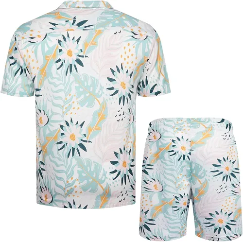Vista 3 de DUOFIER Conjunto de camisa hawaiana para hombre, 2 piezas, estampado floral, conjunto de ropa de vacaciones para la playa