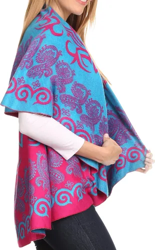 Vista 3 de Poncho reversible estampado Sakkas Balie de peso medio que se puede usar como chal o cárdigan