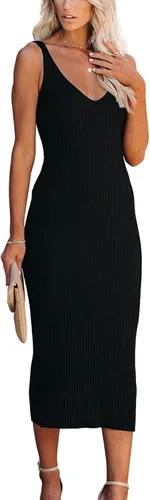 Vista 2 de Vestido de suéter sin mangas para mujer, sexy, con cuello en V, vestido de tirantes ajustado de punto acanalado, vestido ajustado de punto