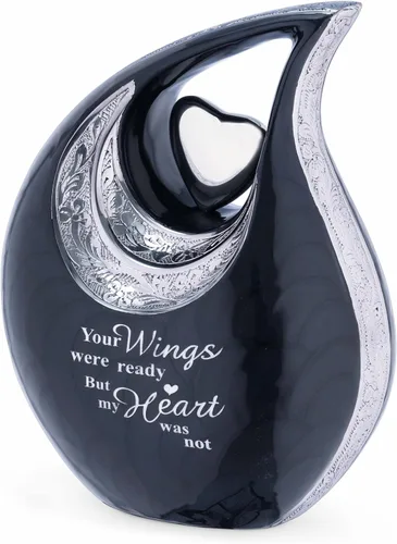 Vista 5 de Gran urna de lágrima negra con corazón plateado para cenizas humanas masculinas - Urnas para hombres y mujeres adultos - Urnas de cremación