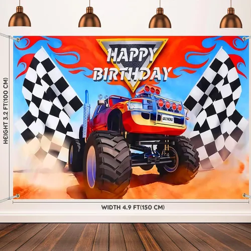 Vista 2 de Irenare Los suministros de fiesta de Monster Truck incluyen 1 telón de fondo de camión monstruo, 1 mantel de bandera de plástico a cuadros, telón
