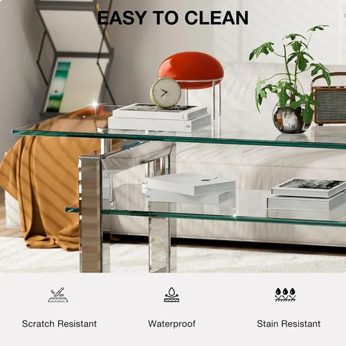 Vista 8 de IKIFLY Mesa de centro de cristal con tablas de vidrio de 2 niveles y patas de metal resistentes, mesa auxiliar rectangular de vidrio transparente
