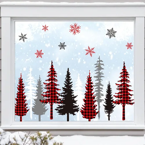 Vista 9 de Whaline 9 hojas de Navidad para ventana, calcomanías para ventana, acuarela, árbol de Navidad, bola de invierno, bosque
