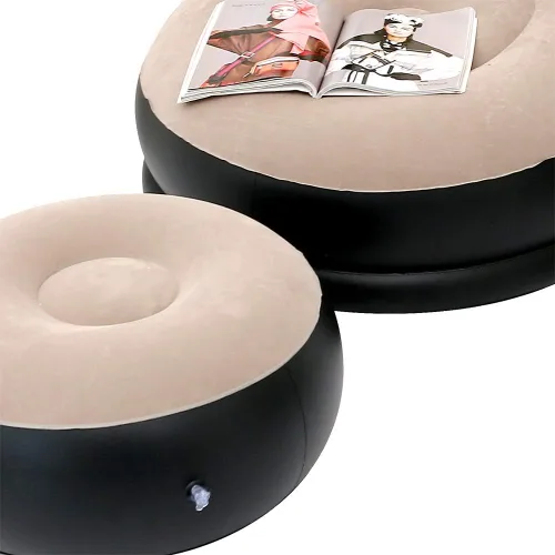 Vista 5 de Sofá inflable de ocio y reposapiés plegable al aire libre, tumbona sofá flocado (caqui)