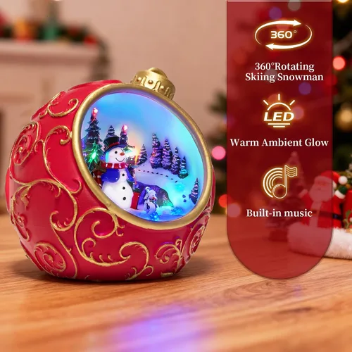 Vista 8 de Figuras musicales animadas de pueblo navideño de 6.3 pulgadas con muñeco de nieve giratorio de esquí y luces, temporizador automático de 6 horas