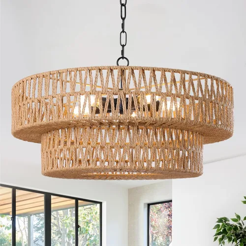 Vista 12 de LamQee Candelabros de Ratán Estilo Granja de 22 Pulgadas, Lámpara de Araña Boho de 5 Luces con Pantalla de Mimbre Tejida a Mano, Luces Colgantes