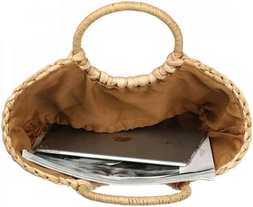 Vista 3 de YYW Bolsas de paja para mujer, tejido a mano, grande, de ratán, con asa redonda, anillo retro, para verano, playa, bolsa de ratán, Naturaleza marrón