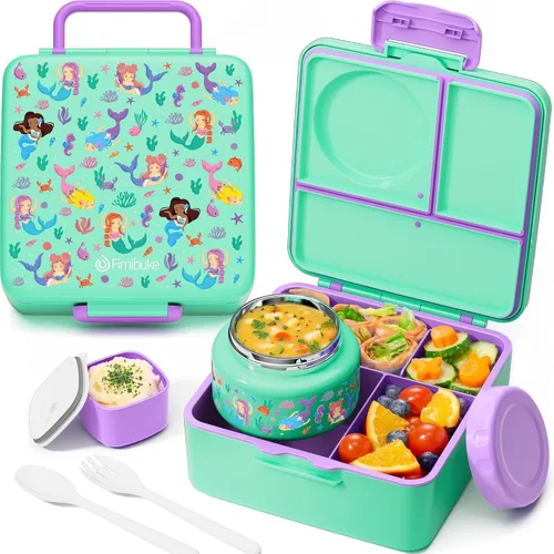 Vista 15 de Fimibuke Lonchera Bento para Niños y Adultos, Contenedor de Lonchera para Niños Pequeños de 3-4 Compartimentos 60OZ con Frasco de Comida Aislado a