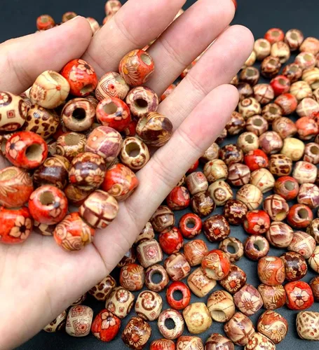 Vista 5 de 400Pcs Perlas de Madera Cilíndricas con Agujero Grande Espaciadoras de Madera Europeas Pintadas Mixtas de 11-12mm para Cabello, Pulseras, Collares