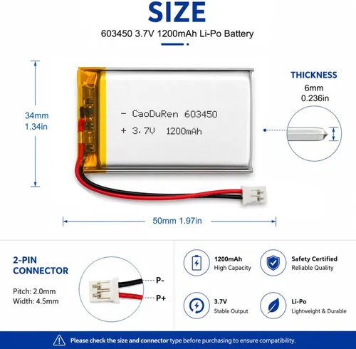 Vista 3 de Batería recargable de iones de polímero de litio Li Lipo de 3.7V con conector JST de 2 pines 0.079 in (603450 1100mAh)
